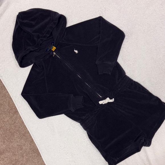 Polo Ralph Lauren navy blue Girls Hooded Terry Romper size 5 - Picture 1 of 9